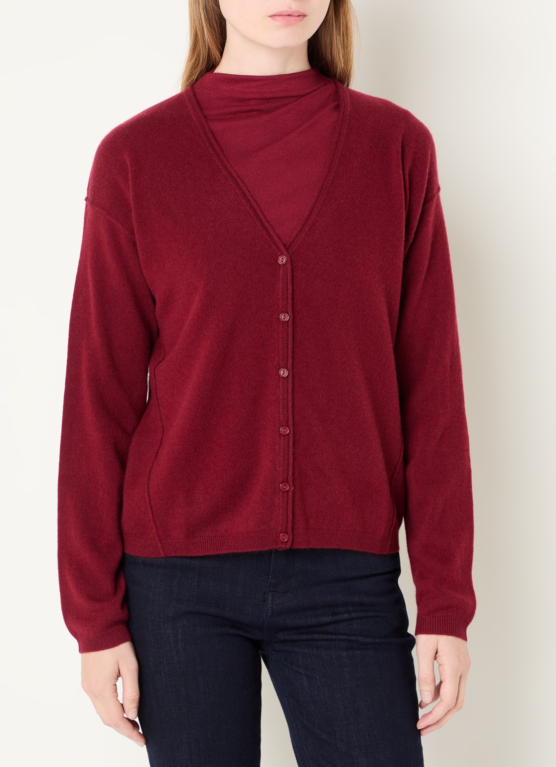 Benetton Fijngebreid vest in kasjmierblend met V-hals - detail 2 bordeauxrood