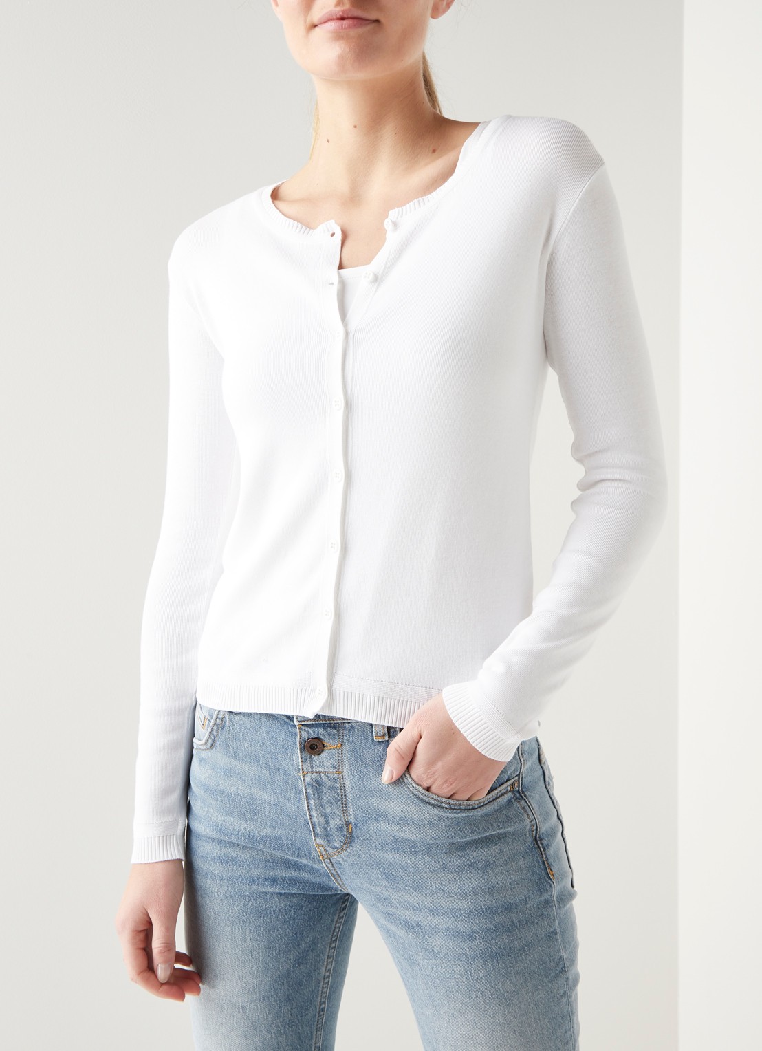 Benetton Fijngebreid vest met ronde hals - detail gebroken wit