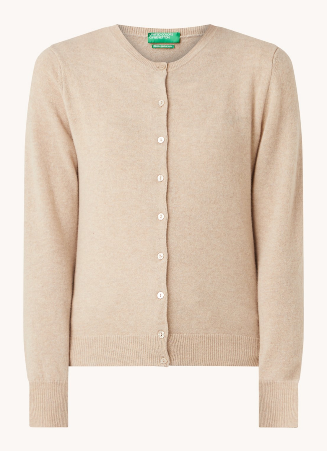 Benetton Fijngebreid vest van wol met ronde hals - voorkant camelmelee-562 / beige