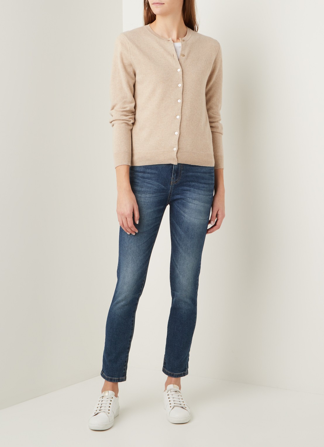 Benetton Fijngebreid vest van wol met ronde hals - voorkant 2 camelmelee-562 / beige
