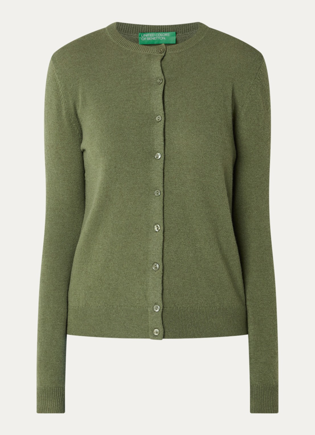 Benetton Fijngebreid vest van wol met ronde hals - voorkant 2 groen-15r / legergroen