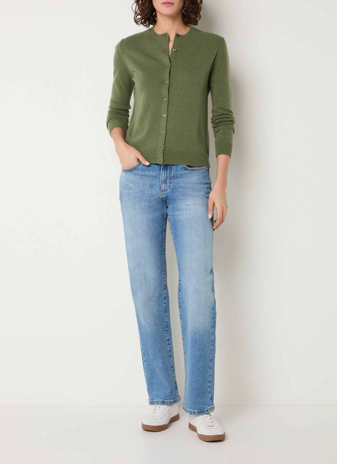 Benetton Fijngebreid vest van wol met ronde hals - voorkant 3 groen-15r / legergroen
