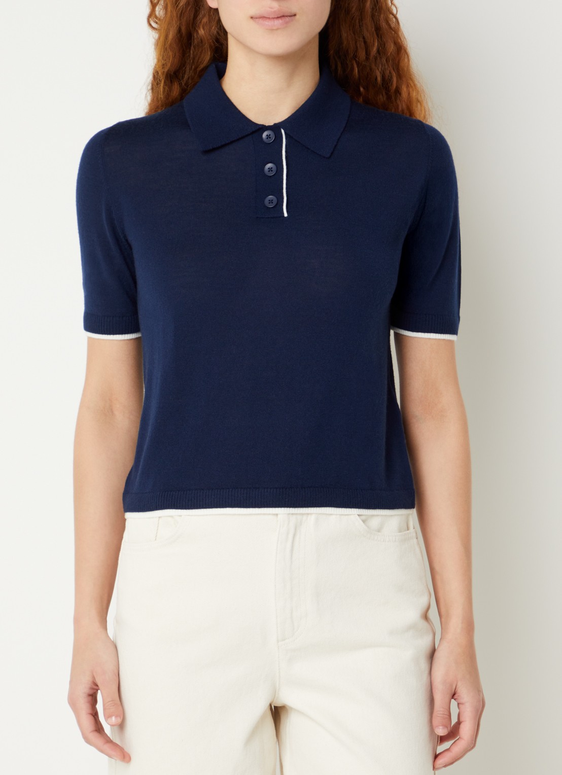 Benetton Fijngebreide polo van scheerwol - detail donkerblauw