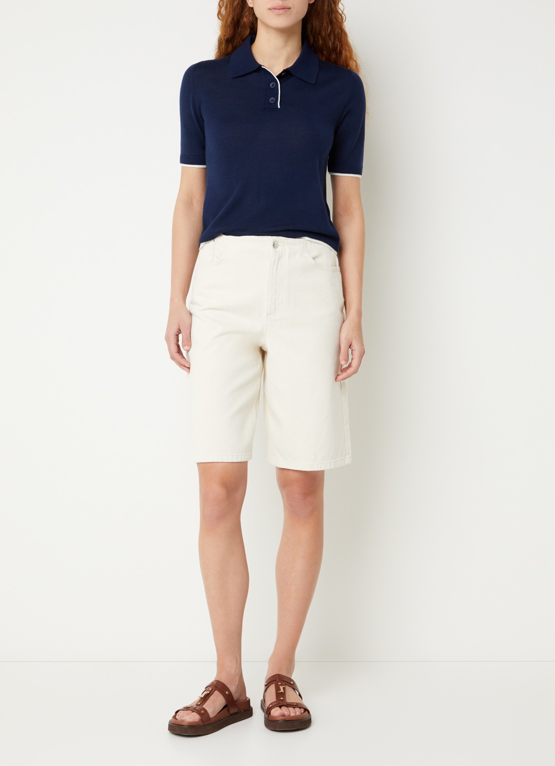 Benetton Fijngebreide polo van scheerwol - voorkant 3 donkerblauw
