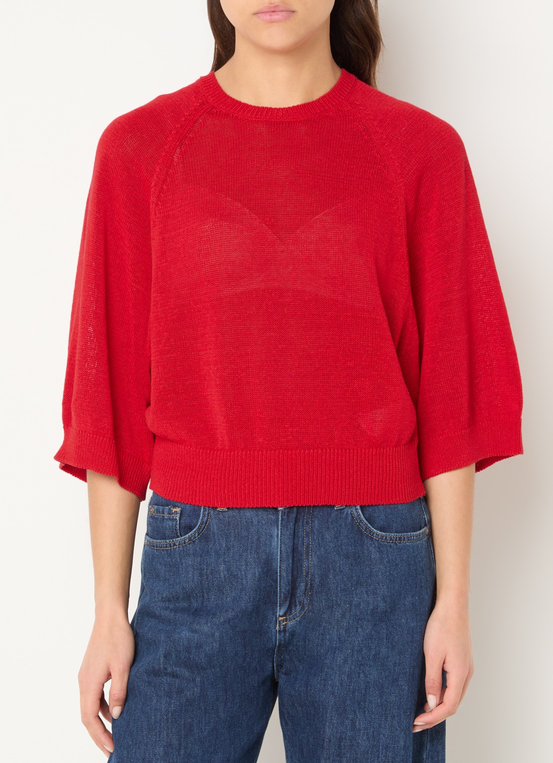 Benetton Fijngebreide pullover in linnenblend met ronde hals - detail 4 rood