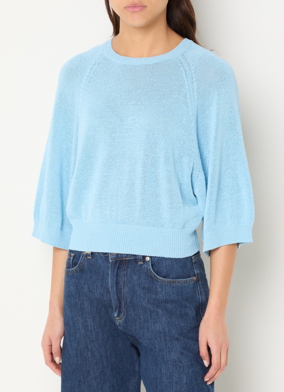 Benetton Fijngebreide pullover in linnenblend met ronde hals - detail 4 lichtblauw