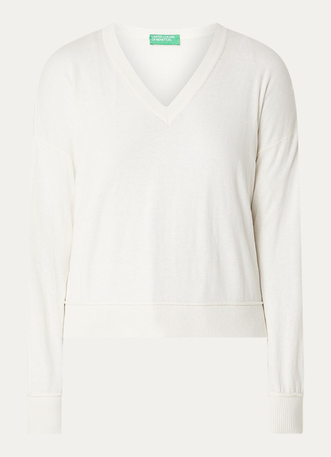 Benetton Fijngebreide pullover in wolblend met V-hals - voorkant 2 creme