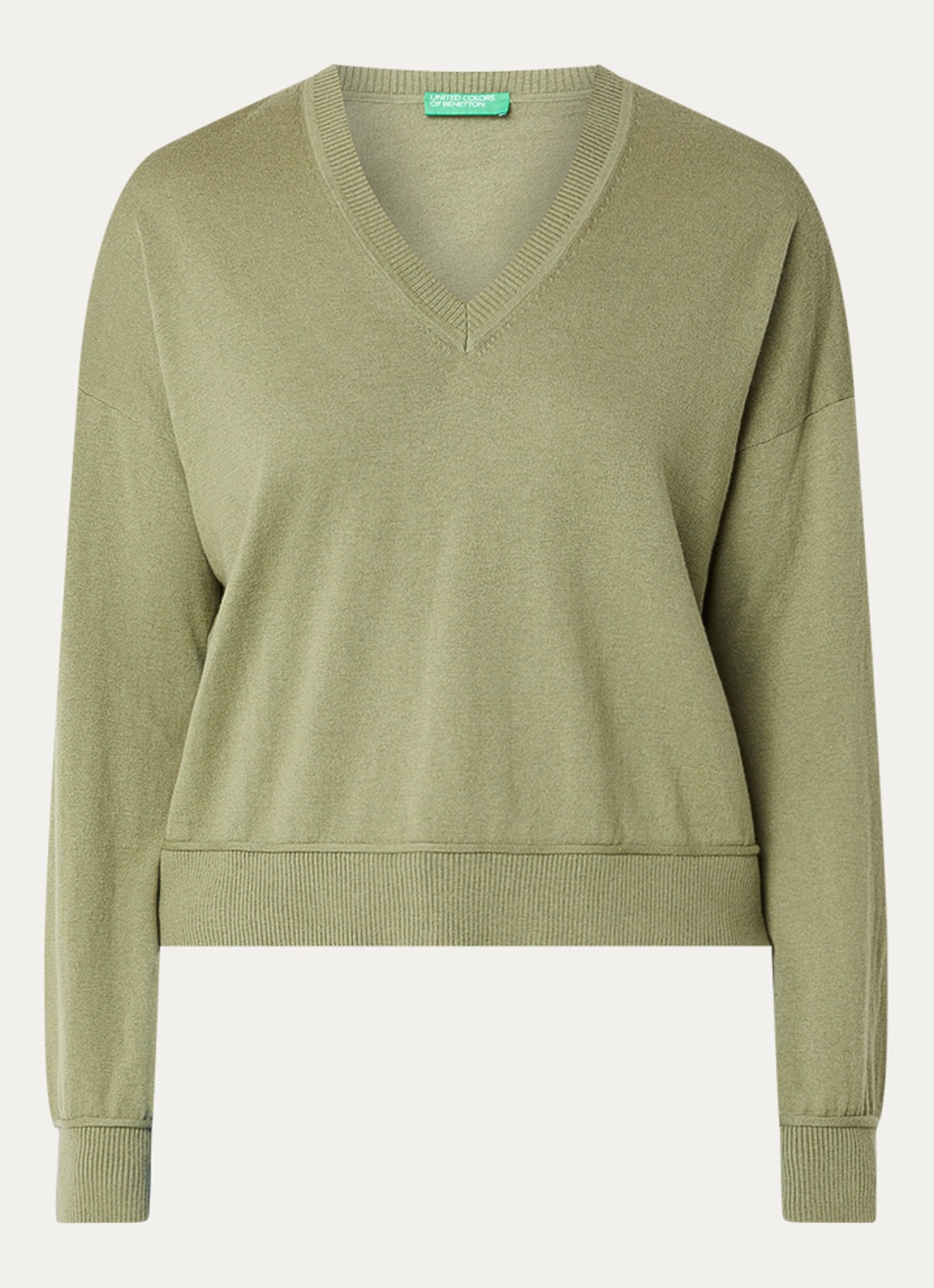 Benetton Fijngebreide pullover in wolblend met V-hals - voorkant groen