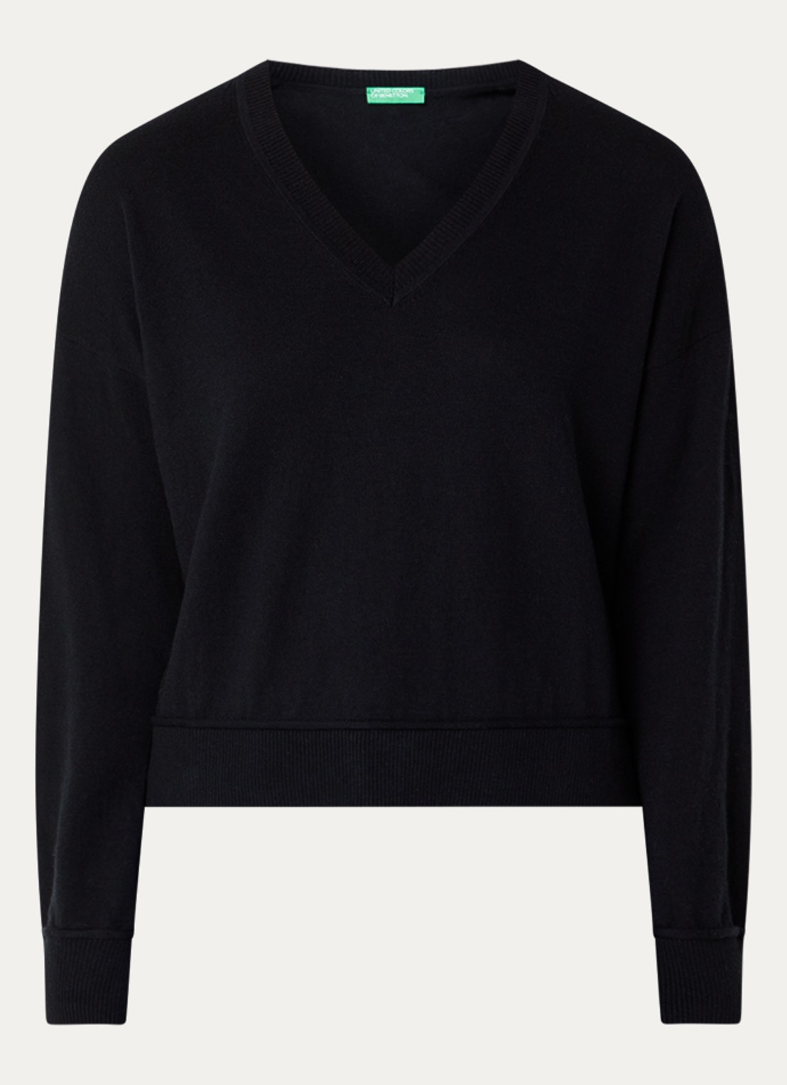 Benetton Fijngebreide pullover in wolblend met V-hals - voorkant 2 zwart