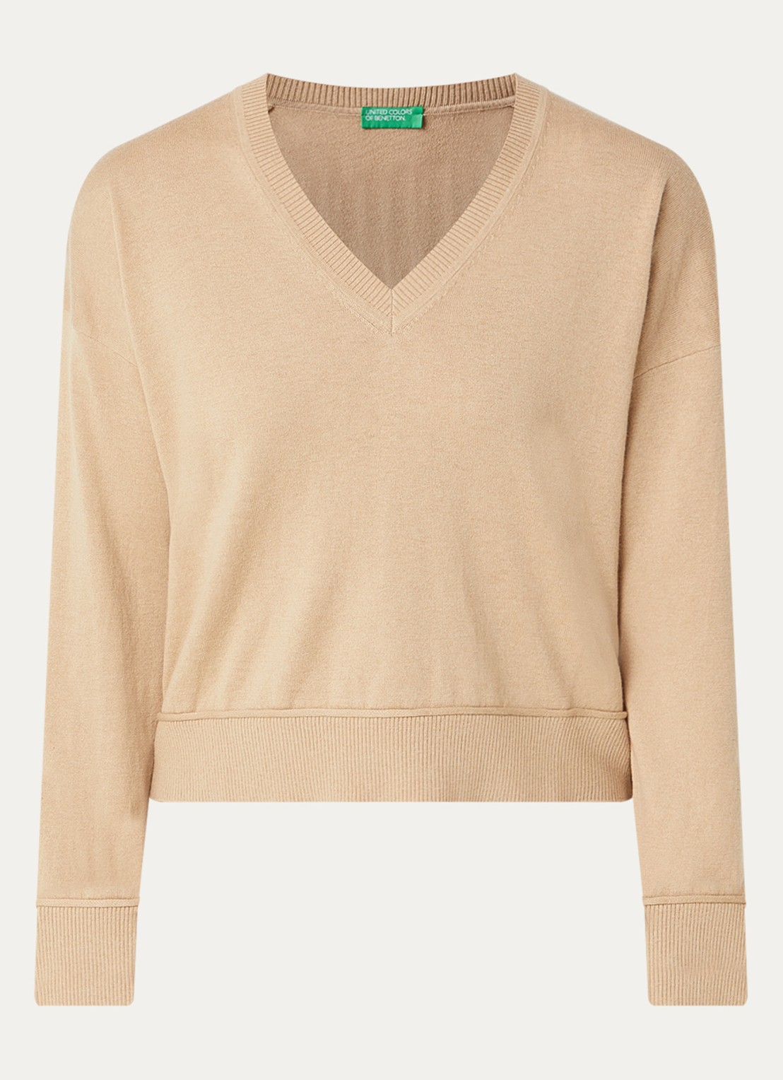Benetton Fijngebreide pullover in wolblend met V-hals - voorkant 2 camel