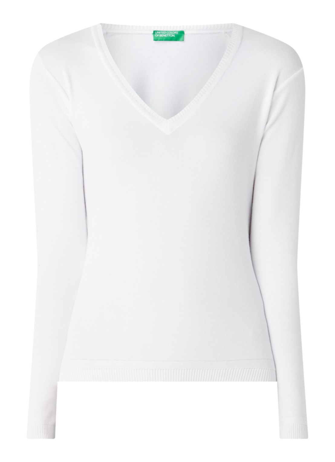 Benetton Fijngebreide pullover met V-hals - voorkant gebroken wit