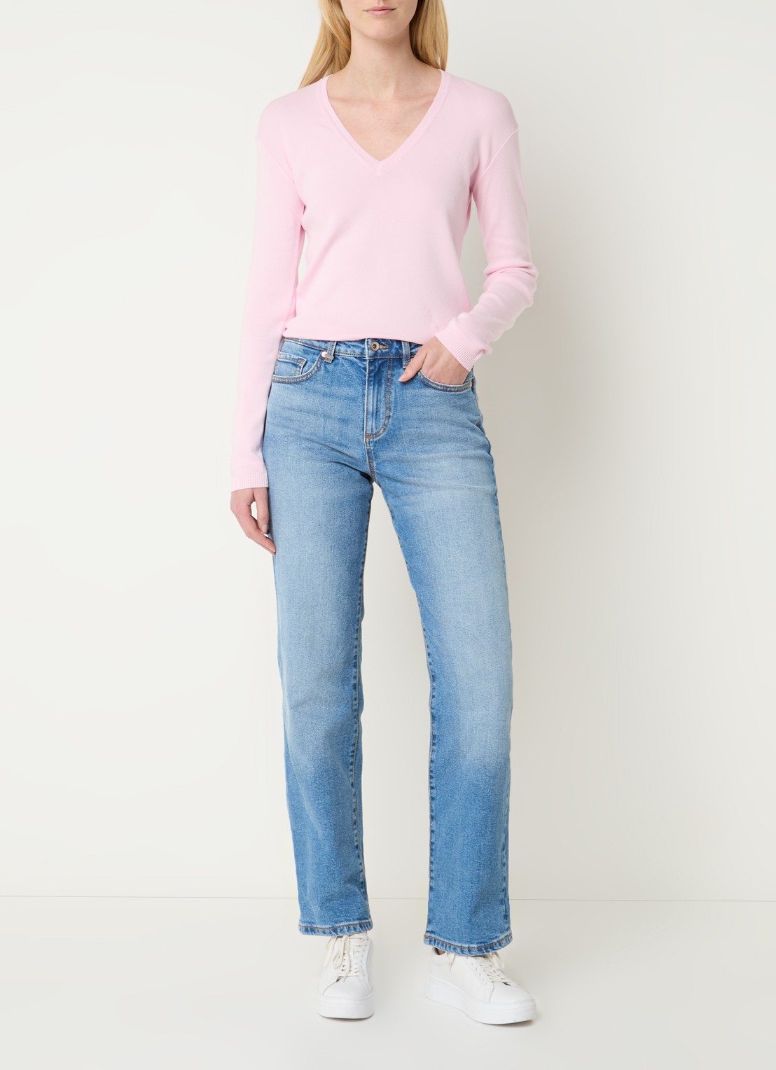 Benetton Fijngebreide pullover met V-hals - voorkant 2 oudroze