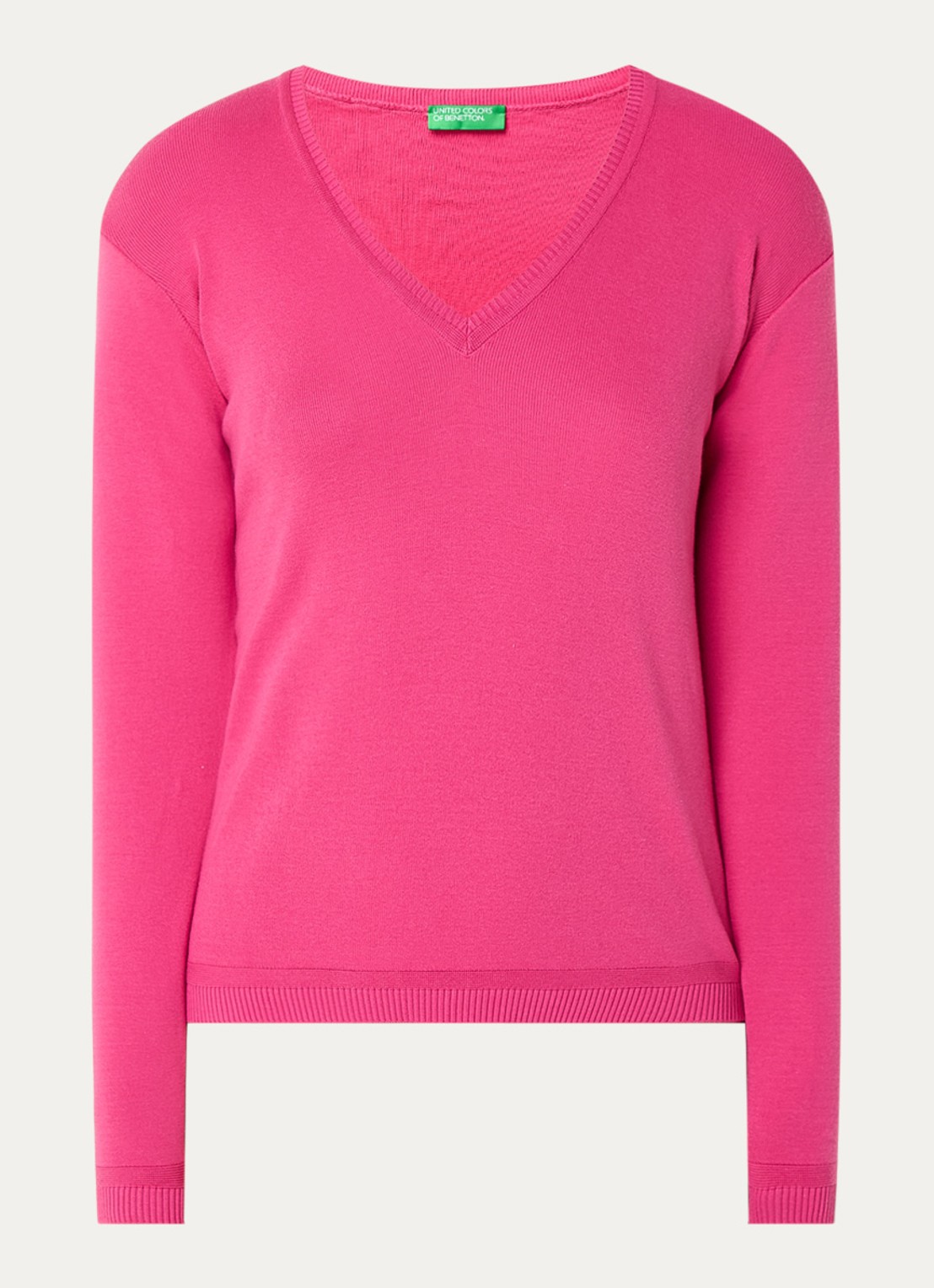 Benetton Fijngebreide pullover met V-hals - voorkant 3 fuchsia