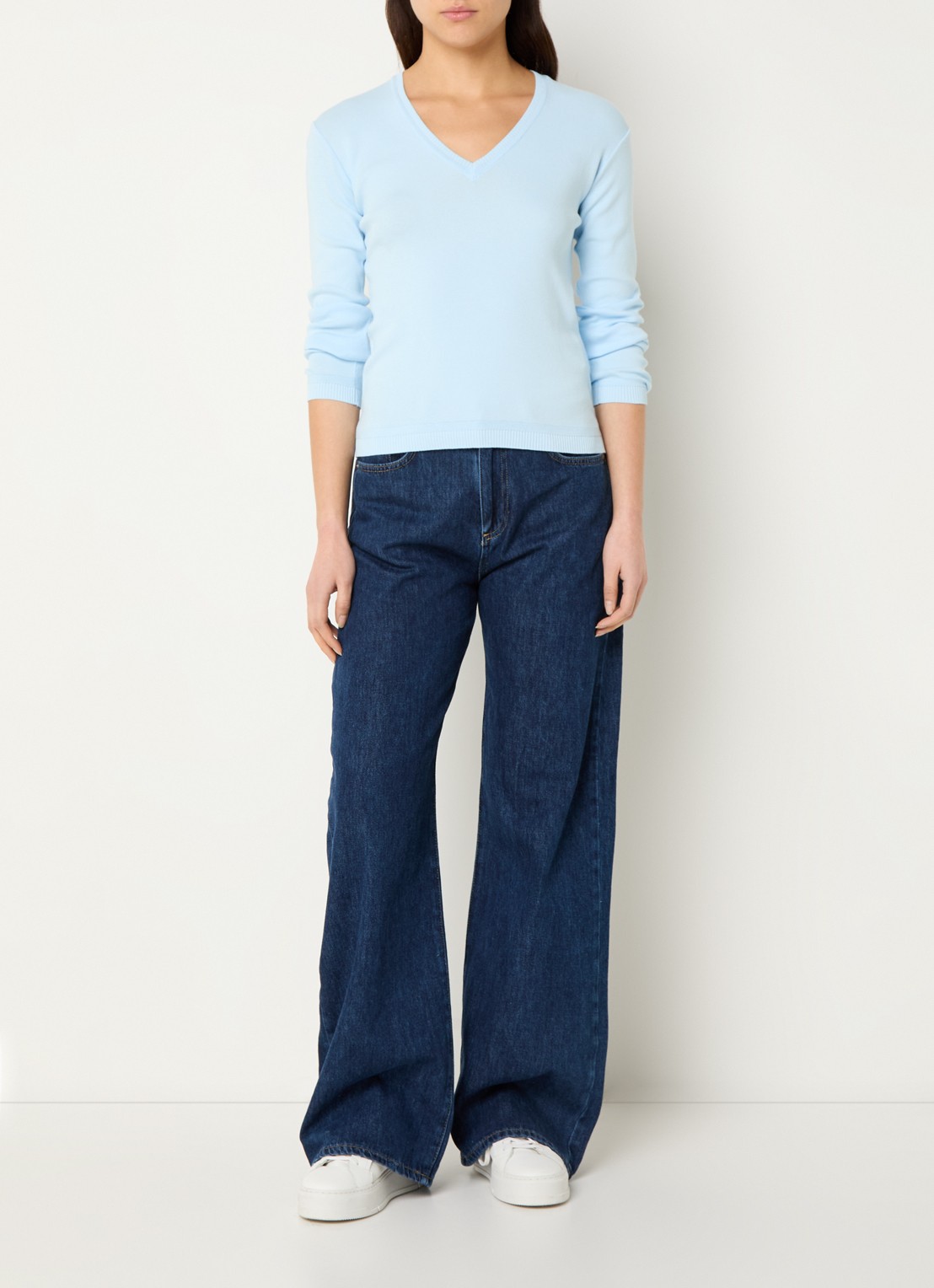 Benetton Fijngebreide pullover met V-hals - voorkant 3 lichtblauw
