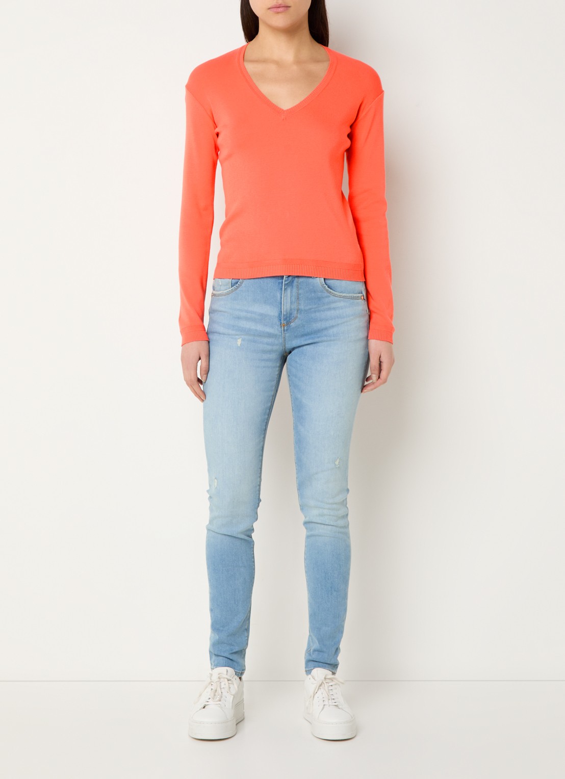 Benetton Fijngebreide pullover met V-hals - voorkant 4 orange