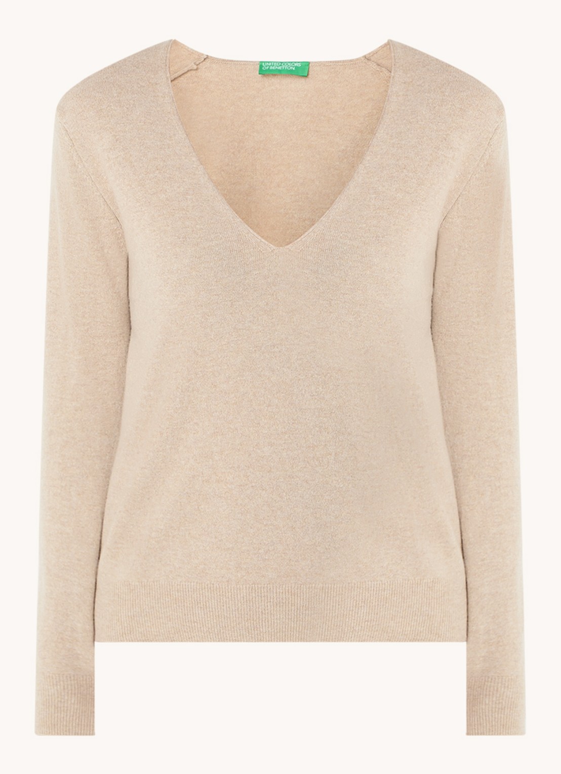 Benetton Fijngebreide pullover van scheerwol met V-hals - voorkant beige