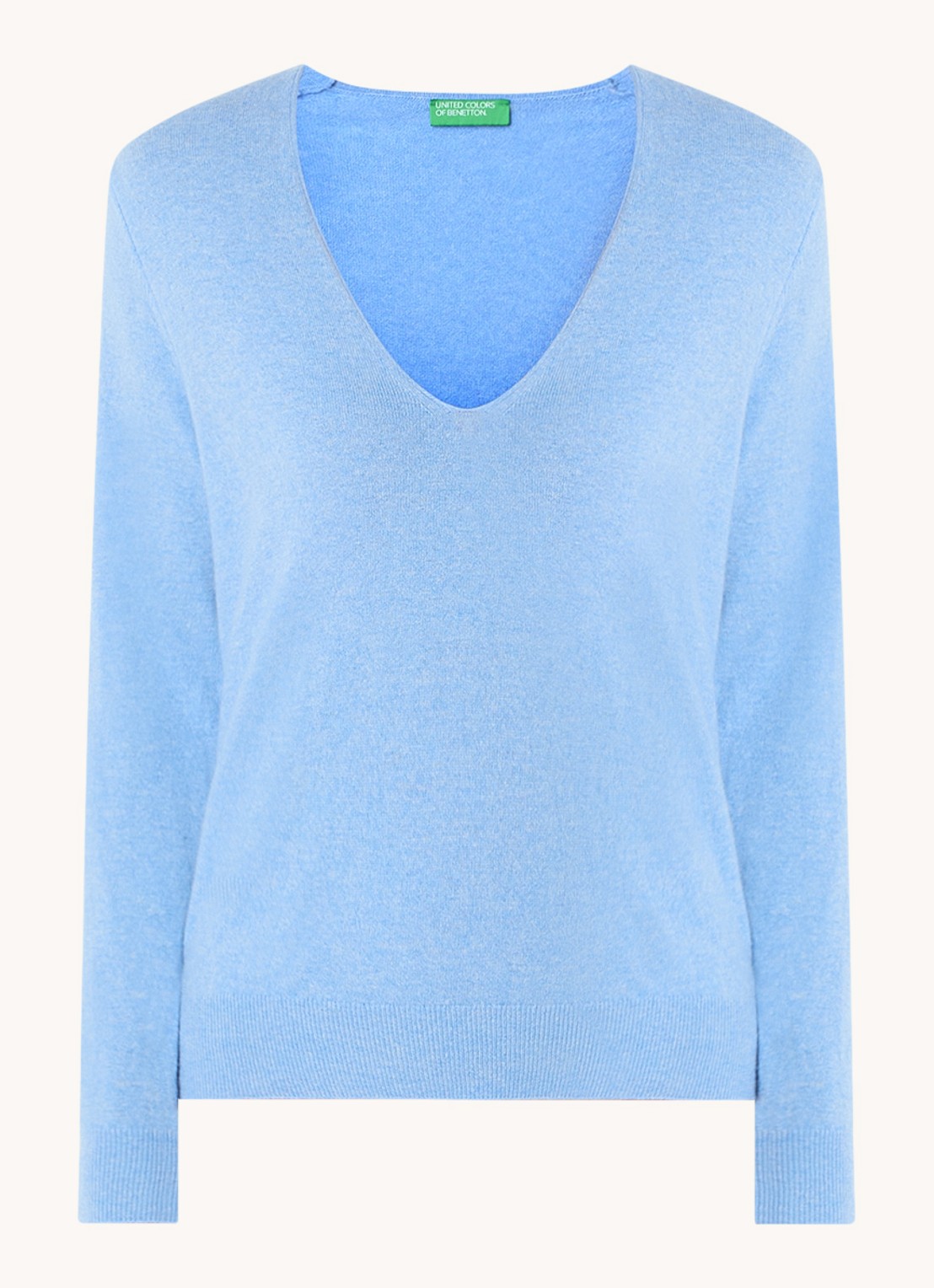Benetton Fijngebreide pullover van scheerwol met V-hals - voorkant blauwgrijs