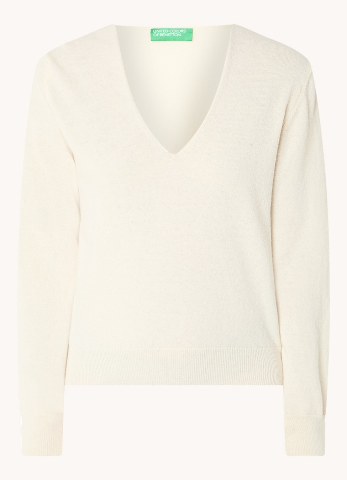 Benetton Fijngebreide pullover van scheerwol met V-hals - voorkant creme