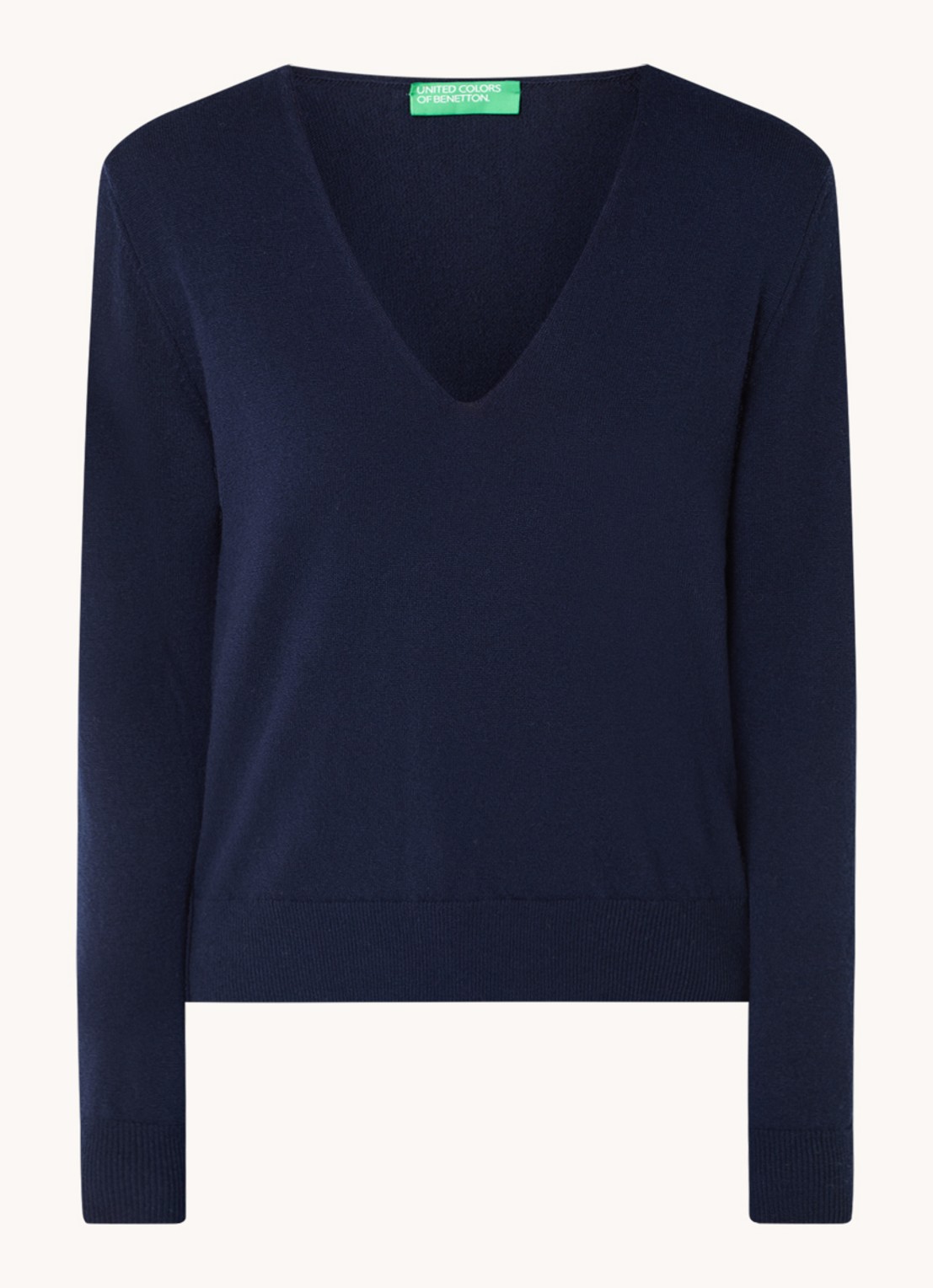 Benetton Fijngebreide pullover van scheerwol met V-hals - voorkant 2 donkerblauw