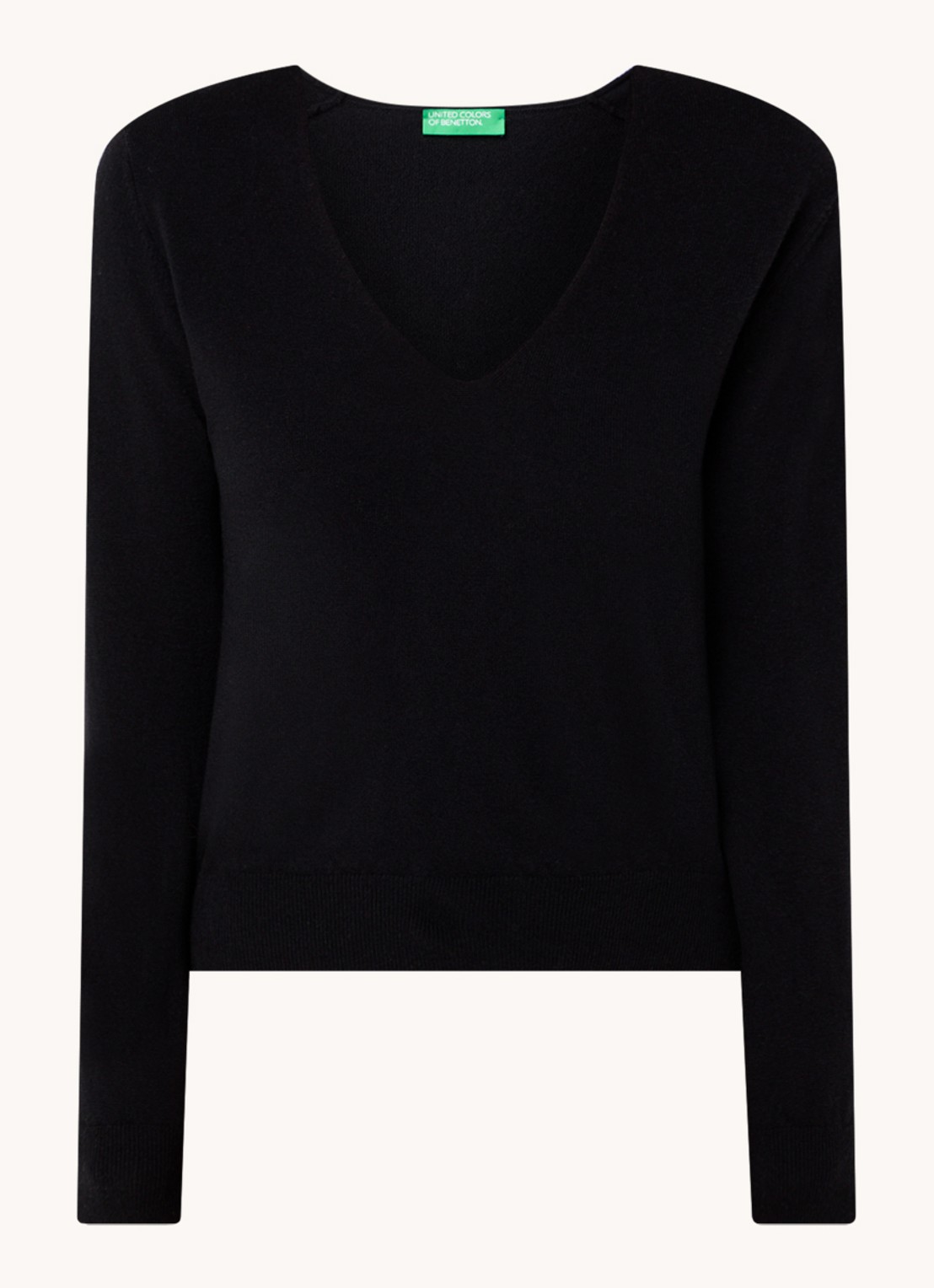 Benetton Fijngebreide pullover van scheerwol met V-hals - voorkant zwart