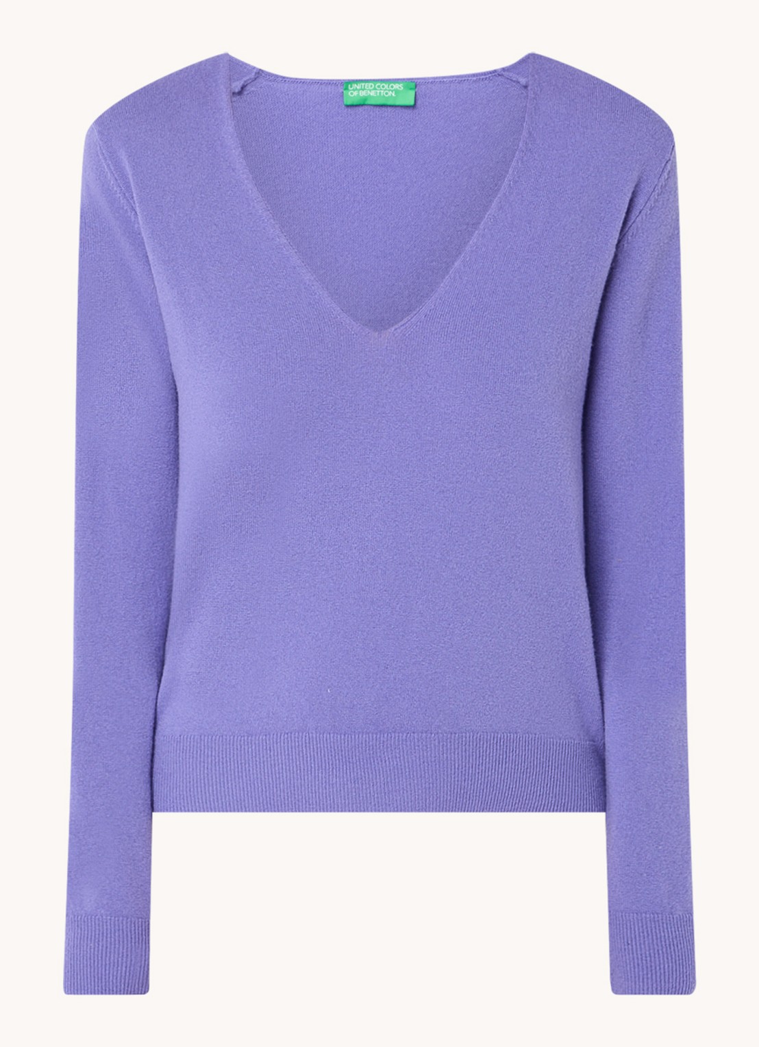 Benetton Fijngebreide pullover van scheerwol met V-hals - voorkant 2 lavendel