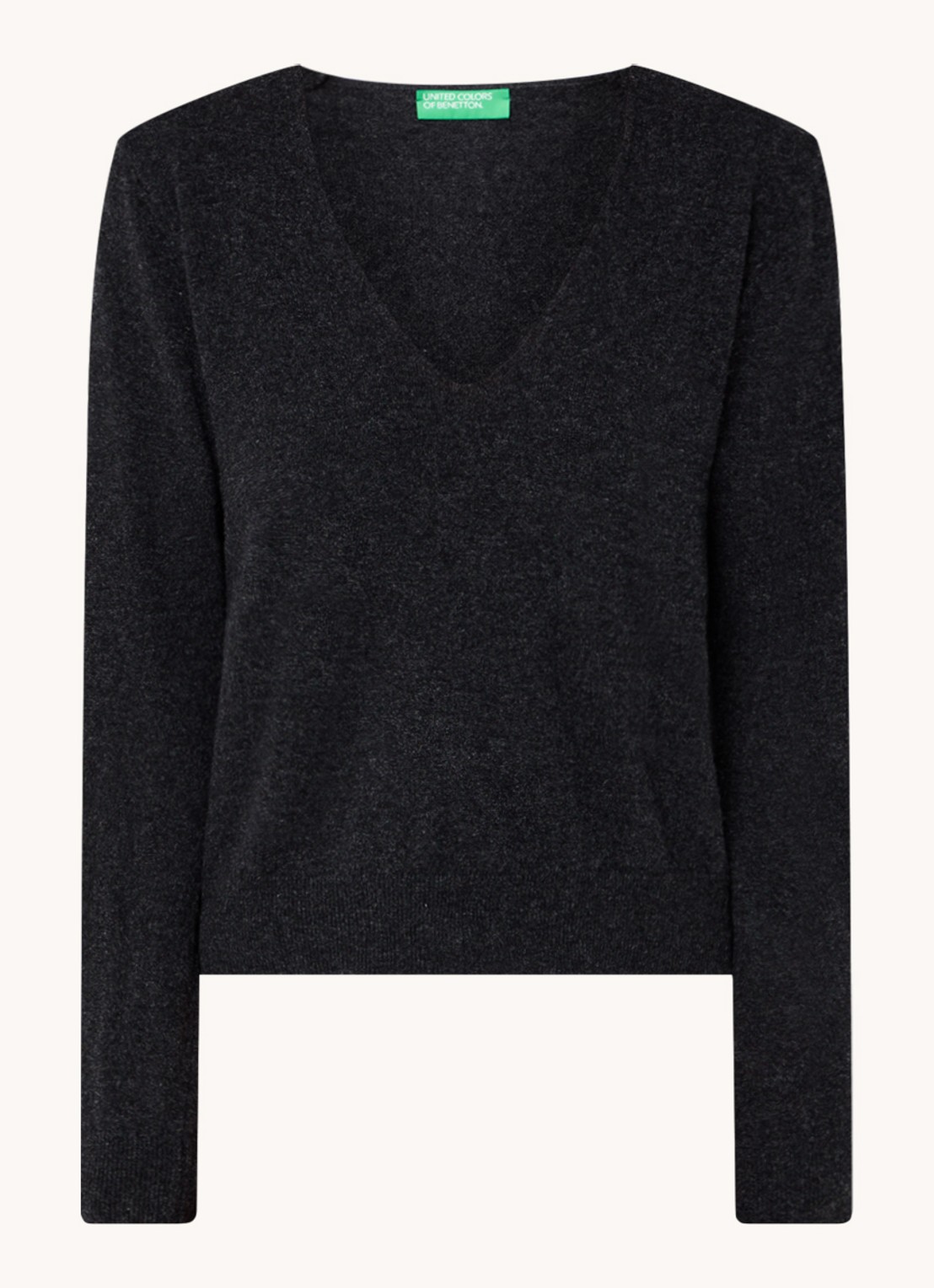 Benetton Fijngebreide pullover van scheerwol met V-hals - voorkant 2 antraciet
