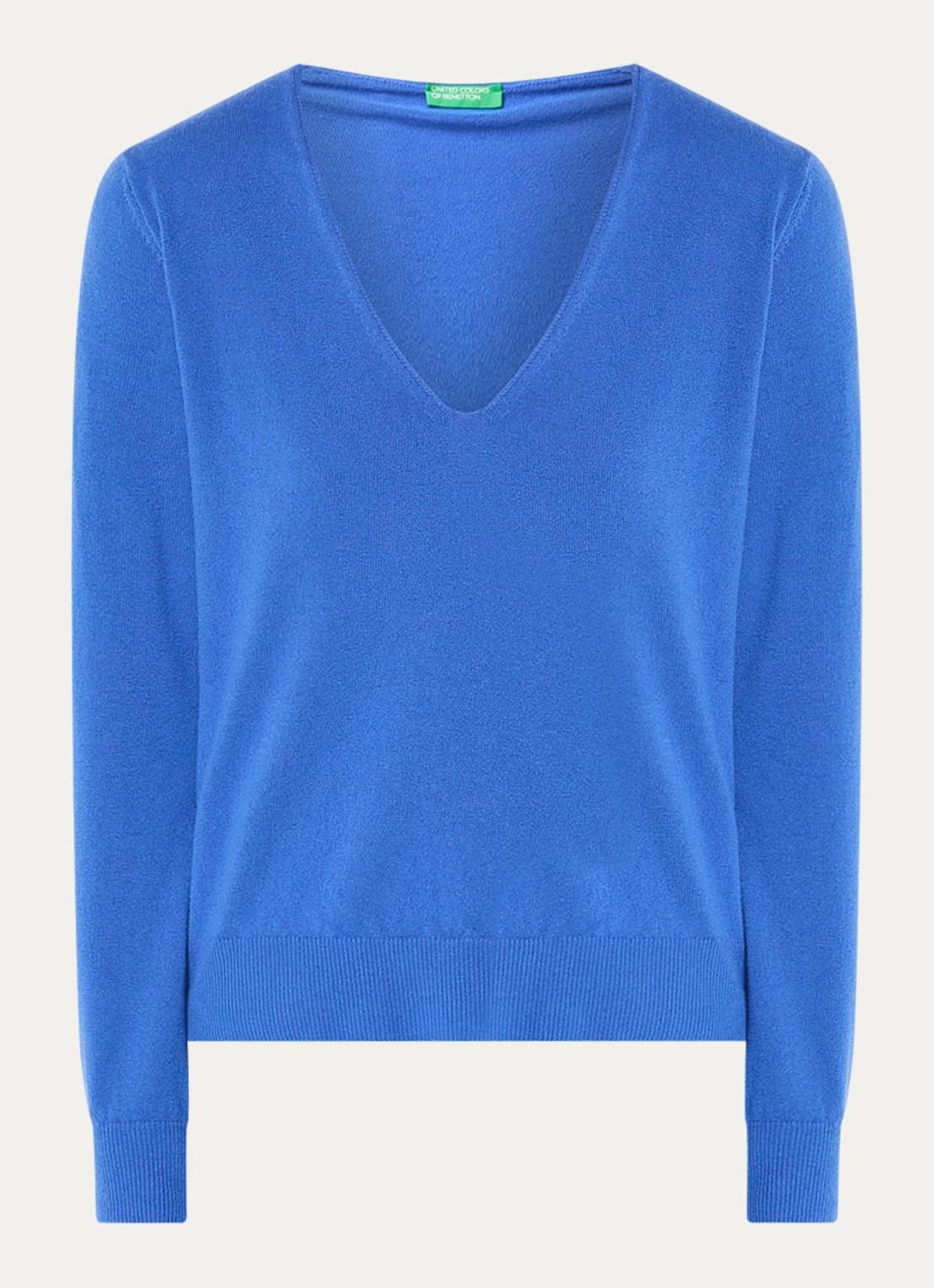 Benetton Fijngebreide pullover van scheerwol met V-hals - voorkant 2 blauw
