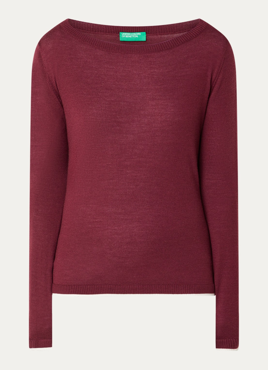 Benetton Fijngebreide pullover van scheerwol - voorkant bordeauxrood