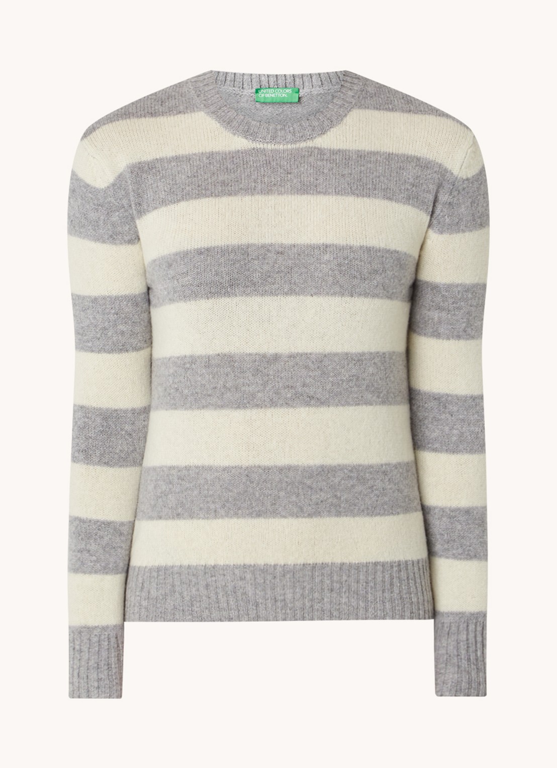 Benetton Fijngebreide pullover van wol met streepprint - voorkant 3 lichtgrijs