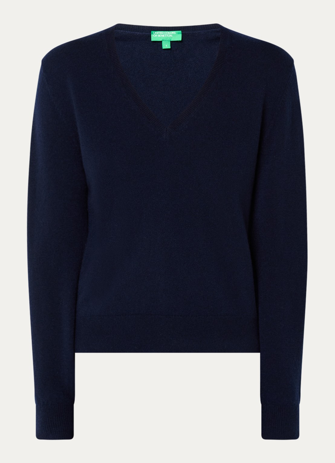 Benetton Fijngebreide trui van wol met V-hals - voorkant donkerblauw