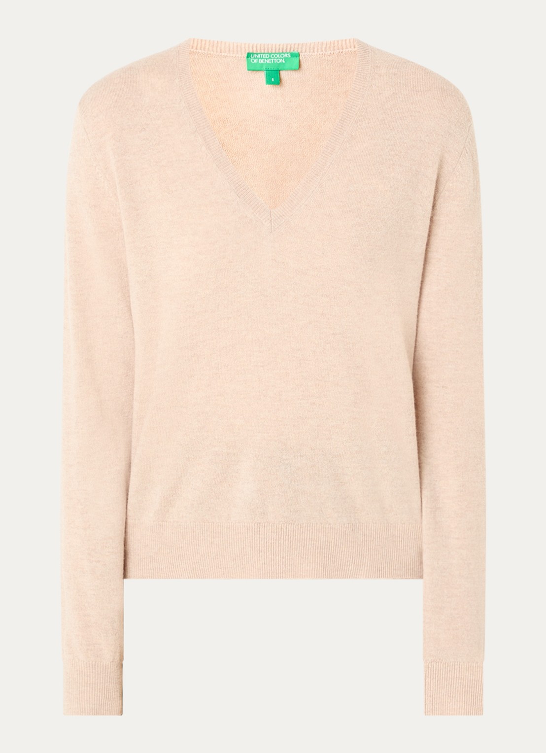 Benetton Fijngebreide trui van wol met V-hals - voorkant 2 beige