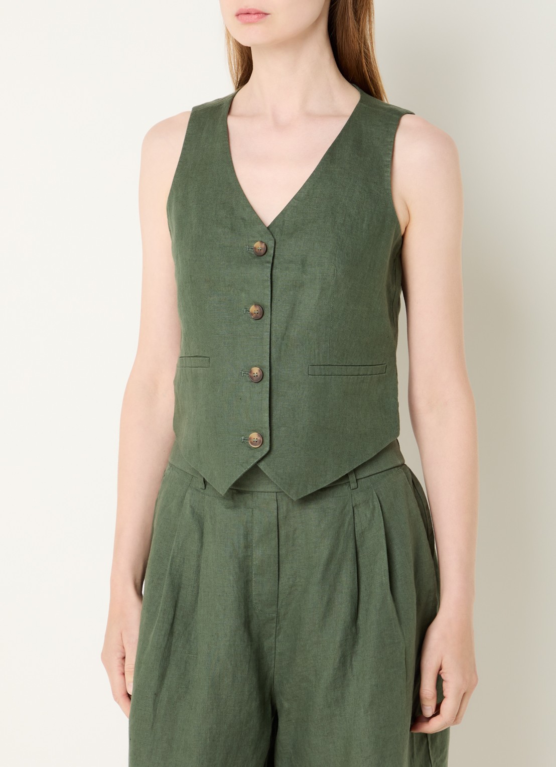 Benetton Gilet van linnen met paspelzakken - detail 4 groen