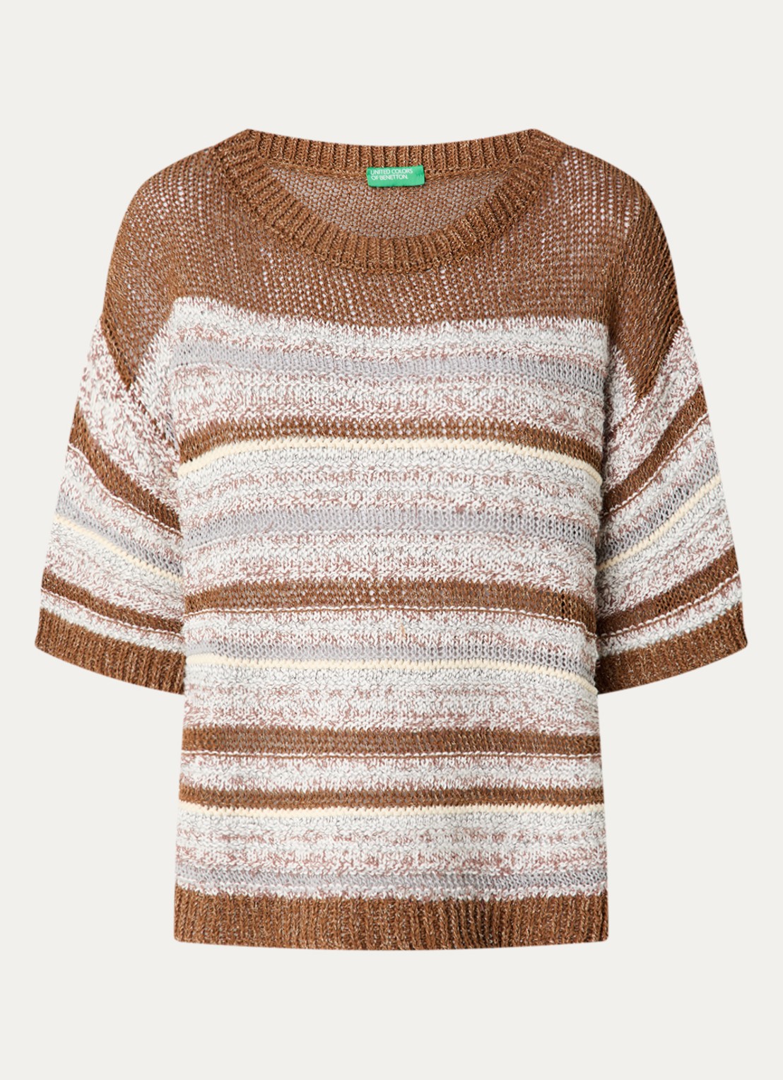 Benetton Grofgebreide trui met streepprint en lurex - voorkant bruin