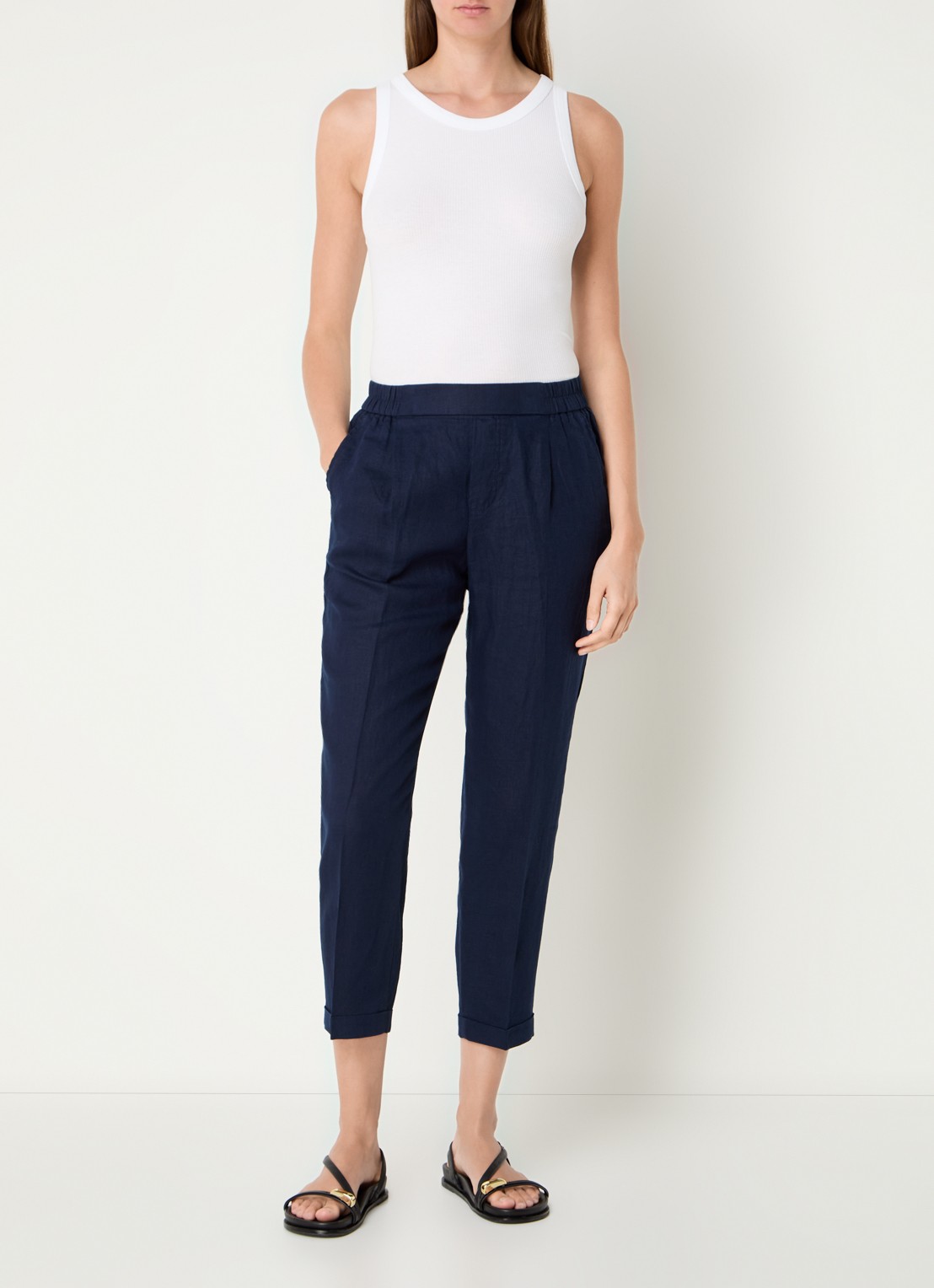 Benetton High waist cropped tapered fit pantalon van linnen - voorkant 3 donkerblauw