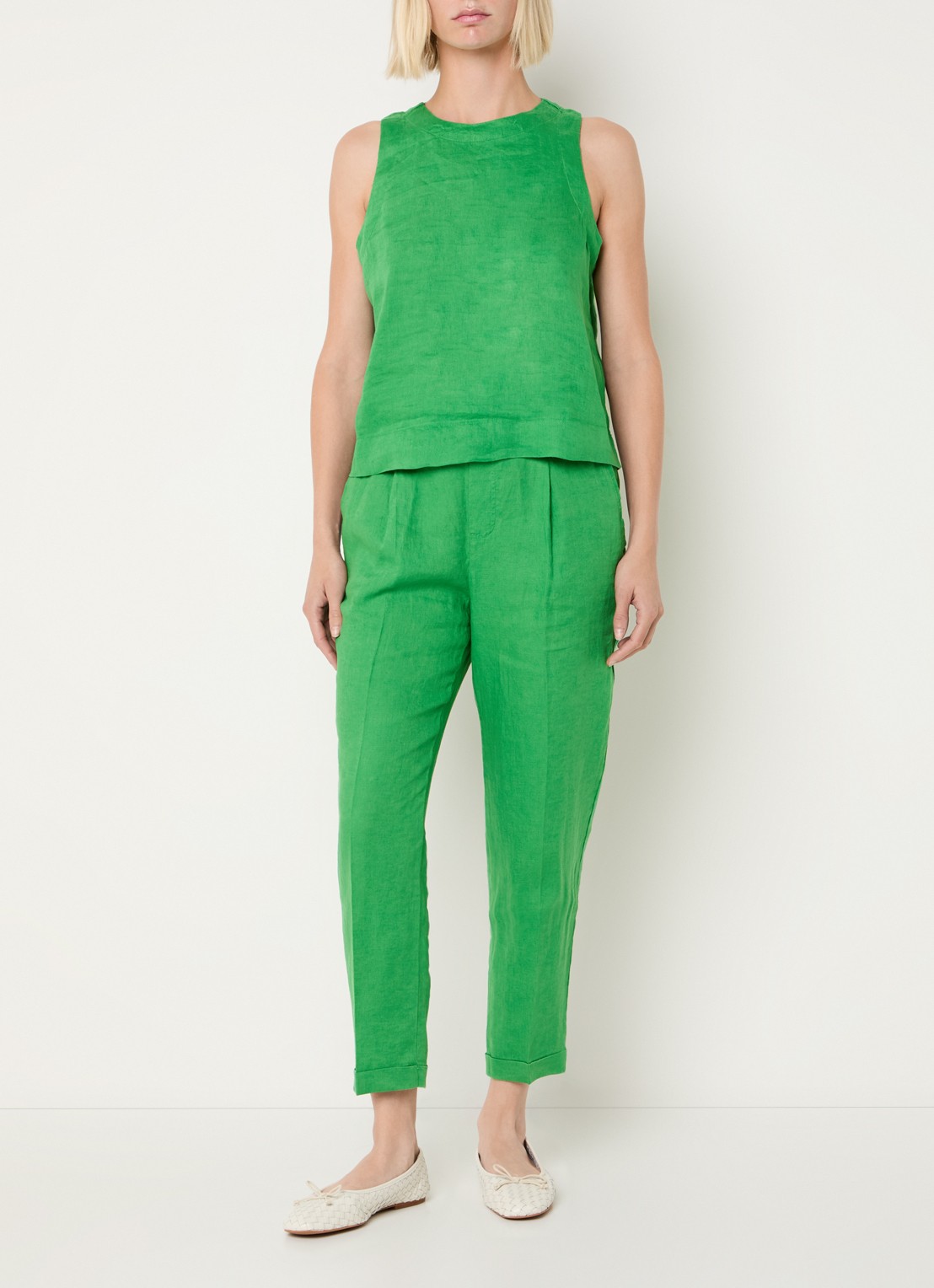 Benetton High waist cropped tapered fit pantalon van linnen - voorkant 3 groen