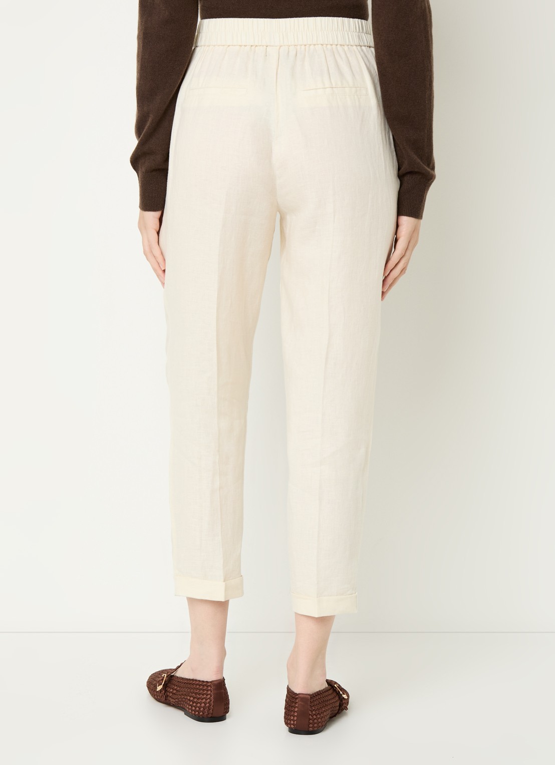 Benetton High waist cropped tapered fit pantalon van linnen - achterkant gebroken wit