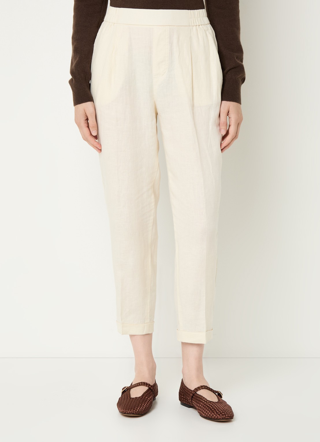 Benetton High waist cropped tapered fit pantalon van linnen - detail 2 gebroken wit