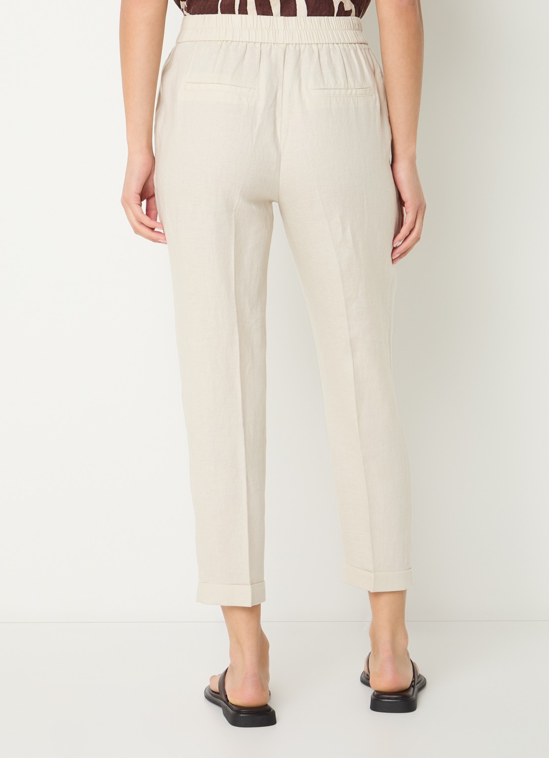 Benetton High waist cropped tapered fit pantalon van linnen - achterkant zand