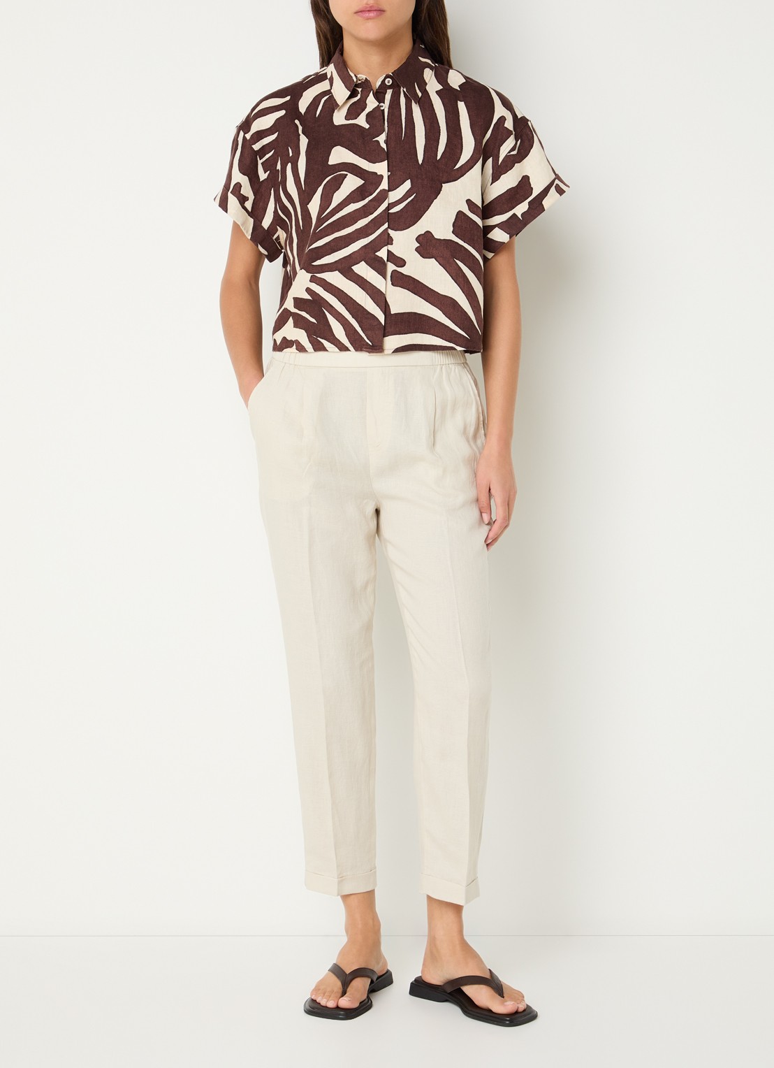 Benetton High waist cropped tapered fit pantalon van linnen - voorkant 4 zand