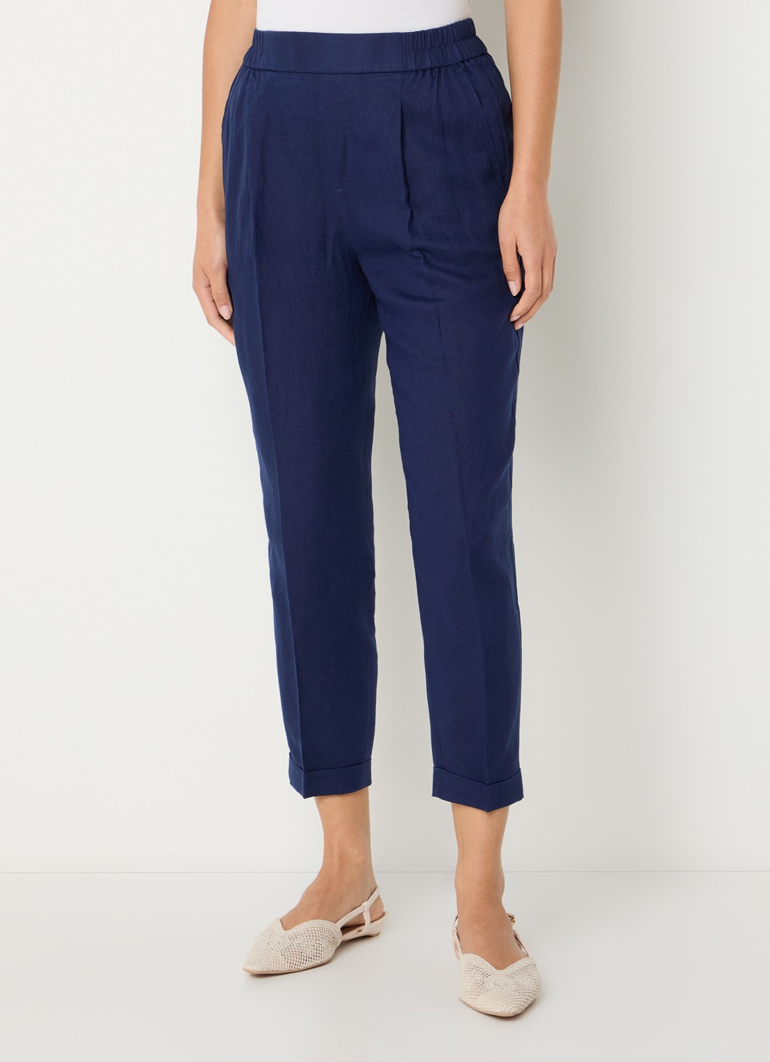 Benetton High waist cropped tapered fit pantalon van linnen - detail 2 donkerblauw