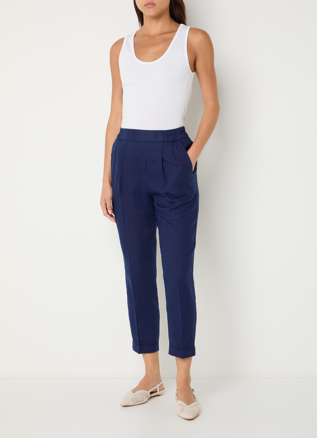 Benetton High waist cropped tapered fit pantalon van linnen - voorkant 4 donkerblauw