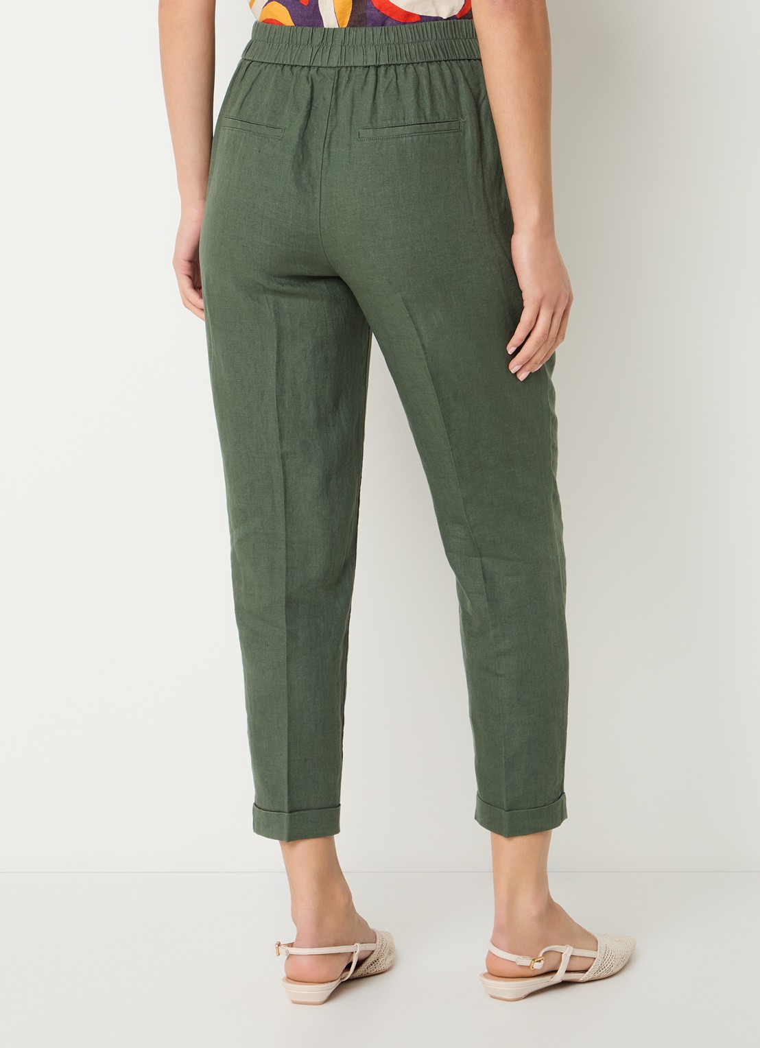 Benetton High waist cropped tapered fit pantalon van linnen - achterkant groen