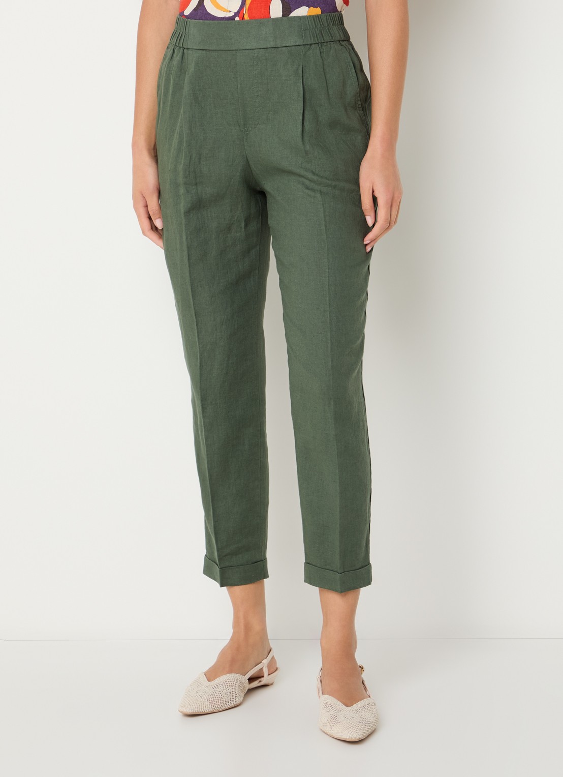 Benetton High waist cropped tapered fit pantalon van linnen - detail 2 groen
