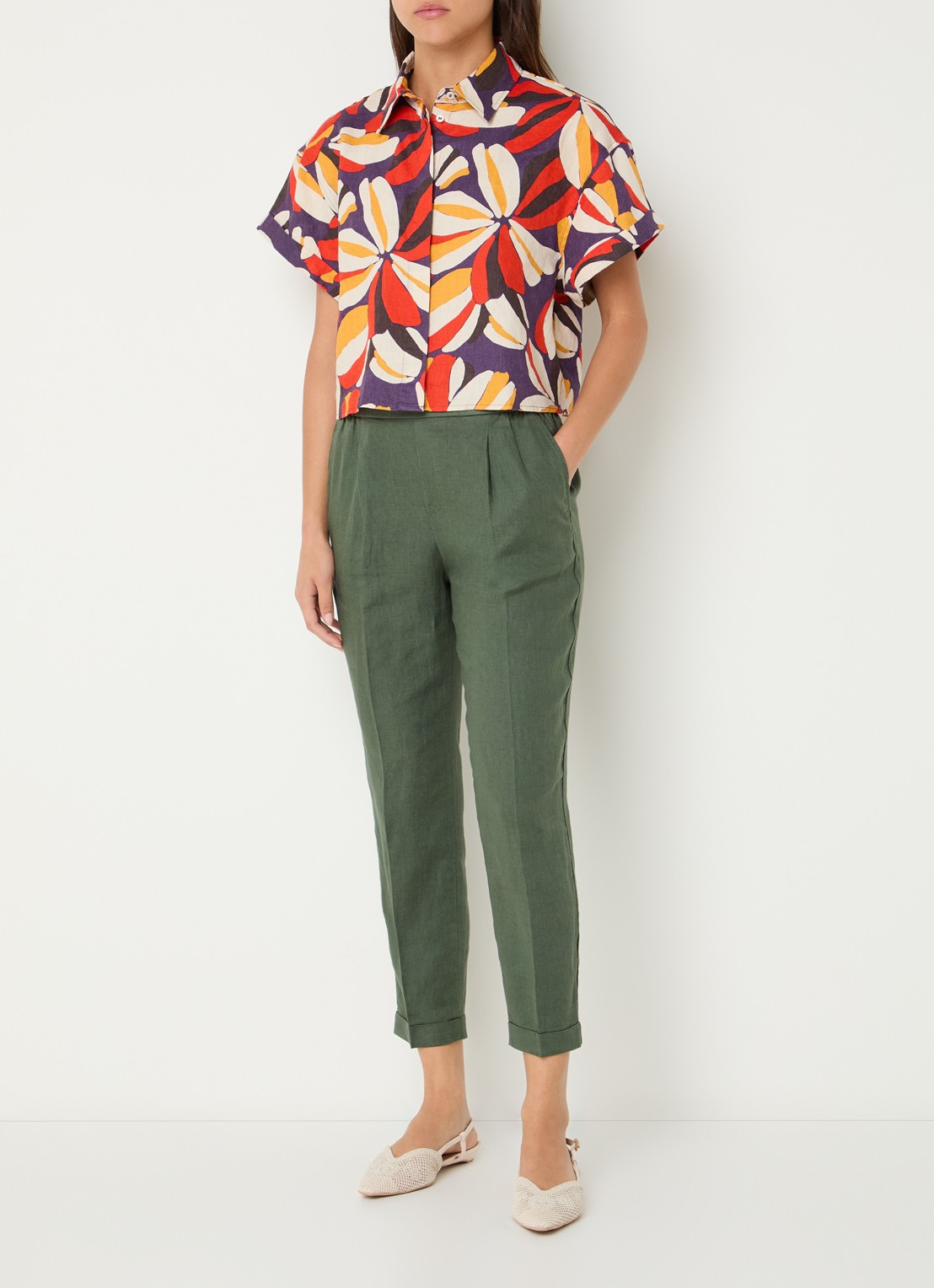 Benetton High waist cropped tapered fit pantalon van linnen - voorkant 4 groen