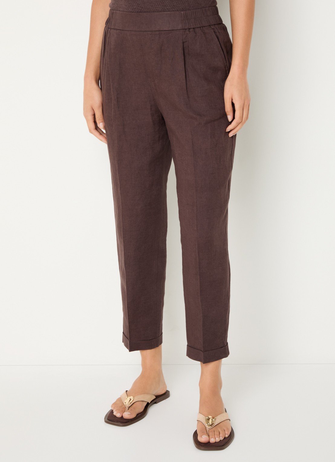 Benetton High waist cropped tapered fit pantalon van linnen - detail 2 bruin