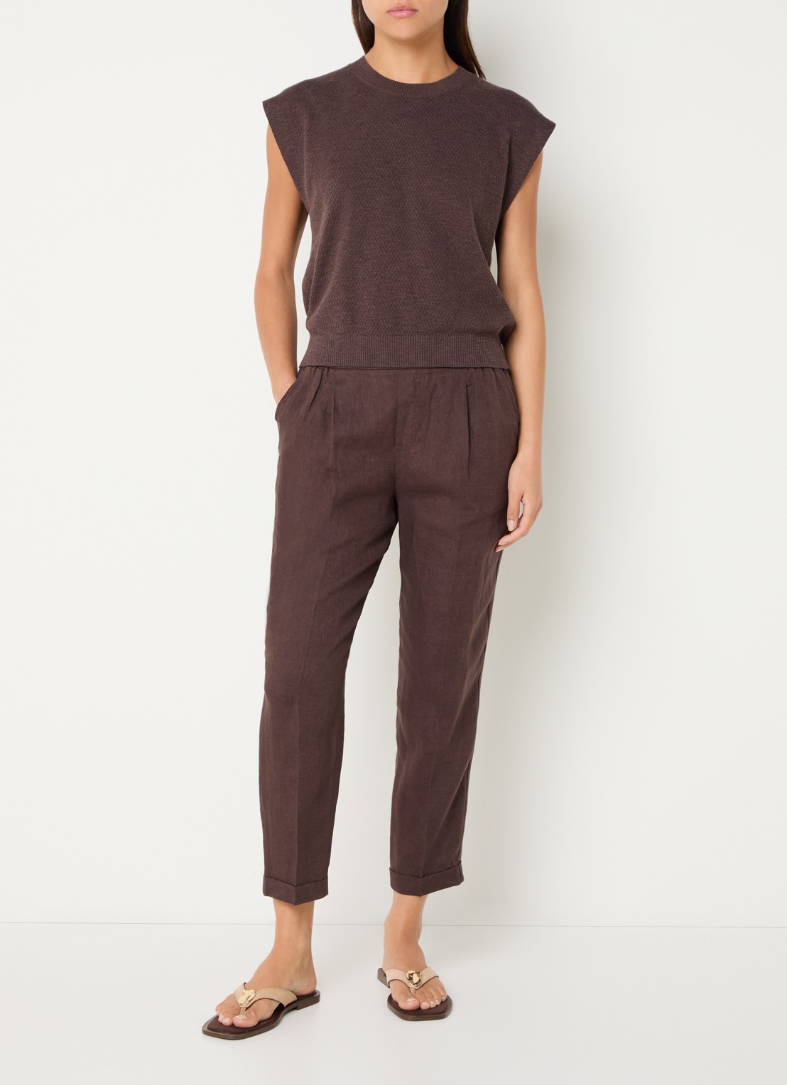 Benetton High waist cropped tapered fit pantalon van linnen - voorkant 4 bruin