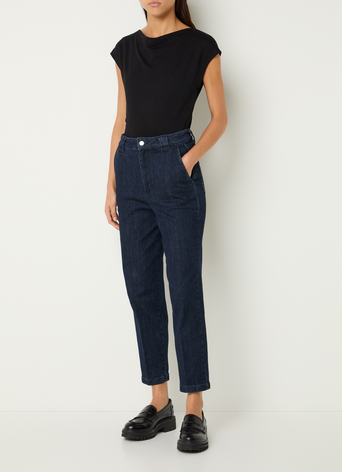 Benetton High waist cropped tapered jeans met donkere wassing - voorkant 4 indigo