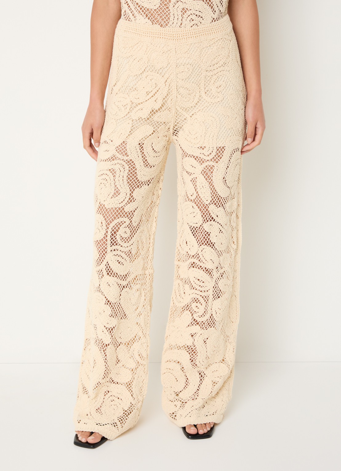 Benetton High waist flared fit broek met opengewerkt dessin - detail 4 ivoor
