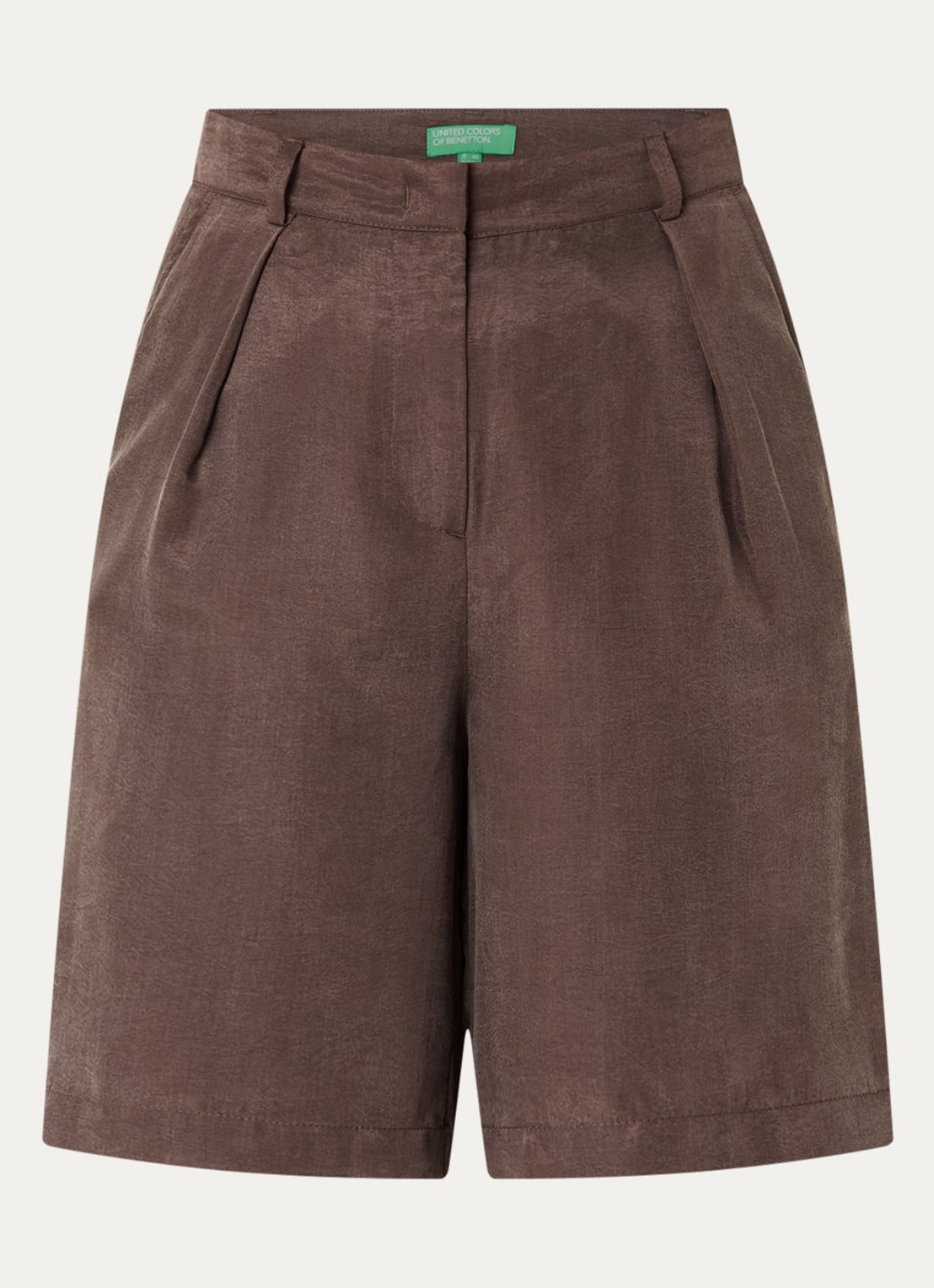 Benetton High waist loose fit korte pantalon met glanzende finish - voorkant kastanjebruin