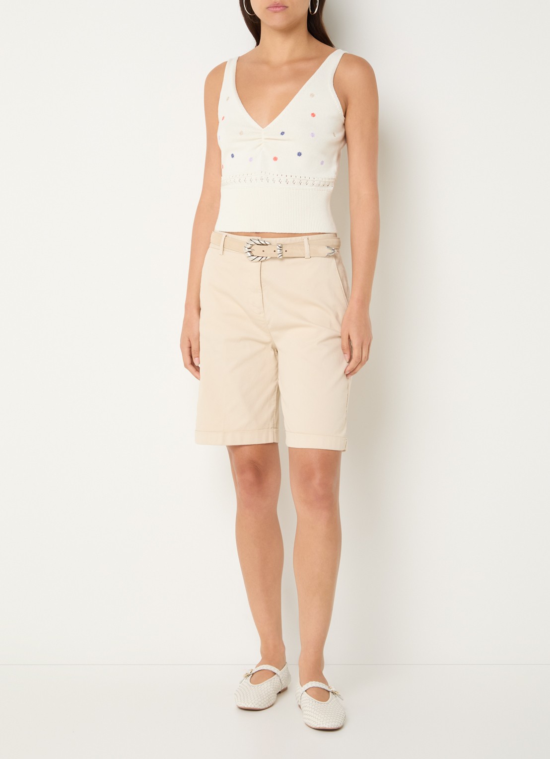 Benetton High waist regular fit korte broek met steekzakken - voorkant 2 zand
